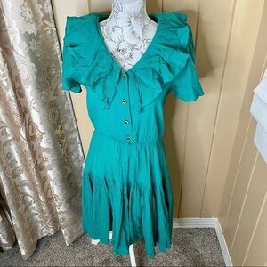 Vintage Lilia Smitty Green Ruffle Dress Western Womens Sz Small 80s 70s